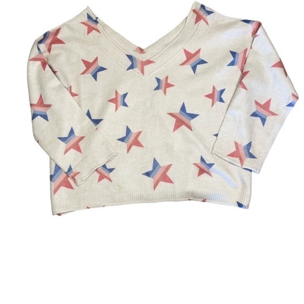 POL Double V Neck Star Graphic Sweater Cream Women’s Size Large Stretch